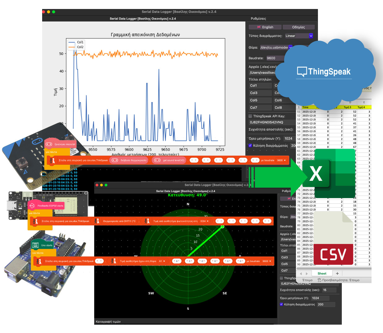 Application for recording sensor values ​​from Serial to a chart and .xlsx or .csv or ThinkSpeak